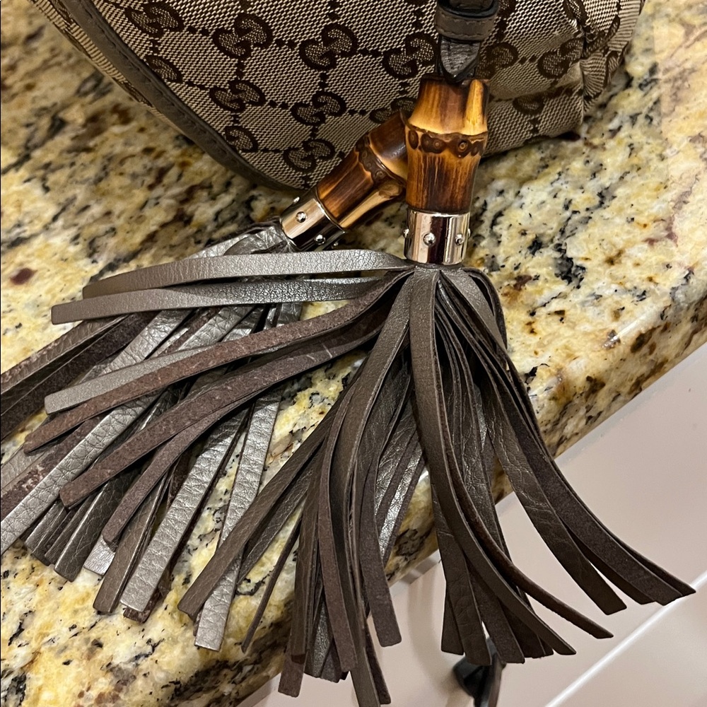 EUC Authentic Gucci GG Beige/Gray Canvas Techno Horsebit Hobo Handbag 11X16 - Picture 7 of 10